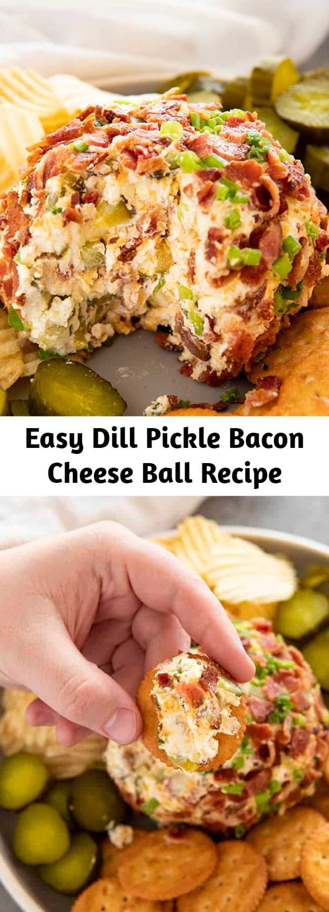 Easy Dill Pickle Bacon Cheese Ball Recipe - Dill Pickle Bacon Cheese Ball is such a fun and easy cheese ball recipe made with cream cheese, cheddar, pickles, and bacon! The perfect appetizer for any party! #thesaltymarshmallow #tailgating #footballfood #pickles