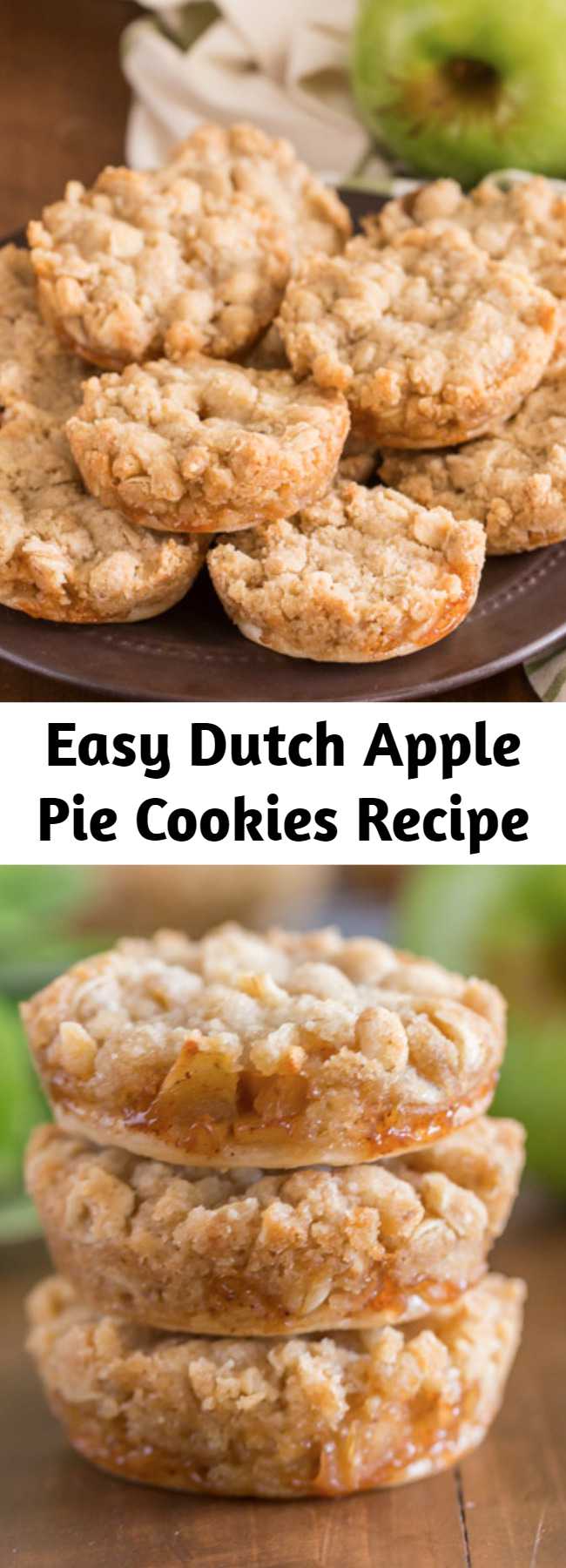 Easy Dutch Apple Pie Cookies Recipe - These are the perfect little three bite apple pie -slash- cookie. They have a circle of pie crust on the bottom, then a layer of finely diced cinnamon apple filling, with the most delicious, sweet, buttery crumb topping.