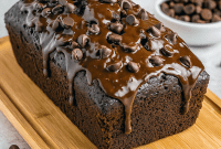 Freshly baked Chocolate Brownie Bread sliced on a wooden board, showcasing a rich, fudgy Brownie Loaf Cake texture with a glossy drizzle of hot fudge—perfect for fans of Different Types Of Brownies, Giant Brownies, and easy Chocolate Quick Bread Recipes.