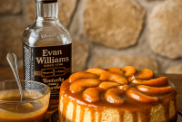 Close-up of a slice of roasted-peach bourbon cheesecake with a pecan-graham crust, glossy caramel drizzle, and peach slices on top — a showy Super Bowl Cheesecake idea, nodding to an Andies Candies Cheesecake vibe, and a great pin for Fruity Cheesecake Recipes.