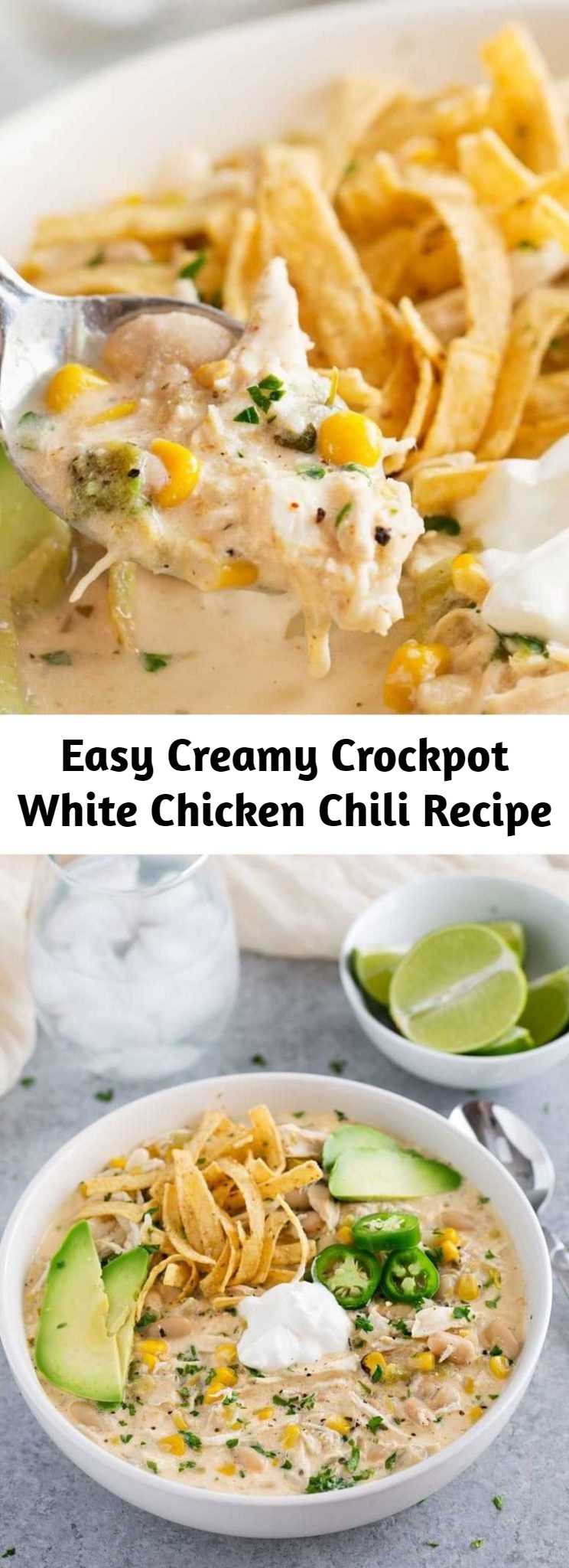 Easy Creamy Crockpot White Chicken Chili Recipe - This creamy white chicken chili is made super easy in your crockpot! Creamy with plenty of spice, it's the perfect companion on a chilly night!