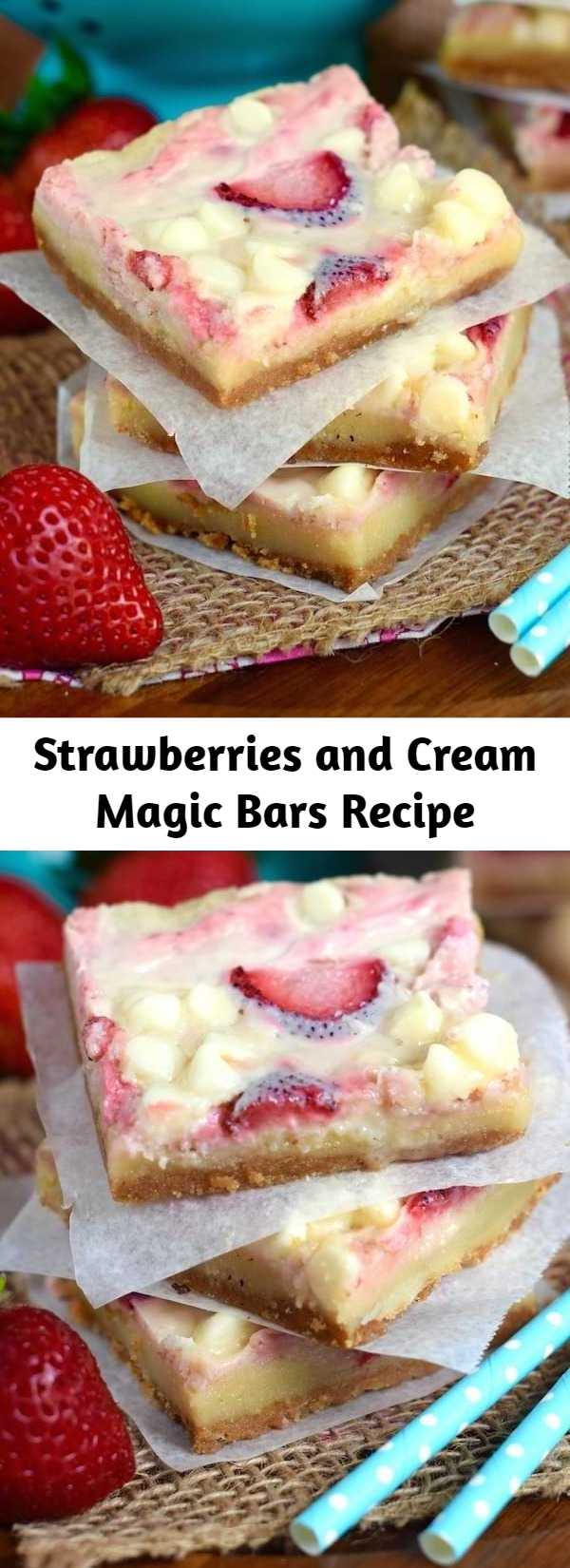 Strawberries and Cream Magic Bars Recipe - These Strawberries and Cream Magic Bars are pure magic.  Made with fresh strawberries and a sugar cookie layer, they are seriously amazing!