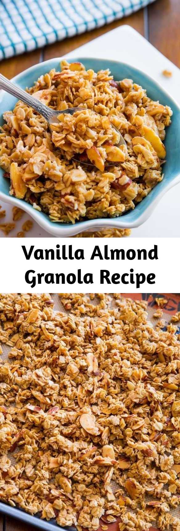 Vanilla Almond Granola Recipe - Sweet, sticky, and crunchy granola exploding with vanilla and almond flavors. Ditch store-bought, healthy homemade granola is easy! This recipe is vegan and gluten free (if using certified GF oats).