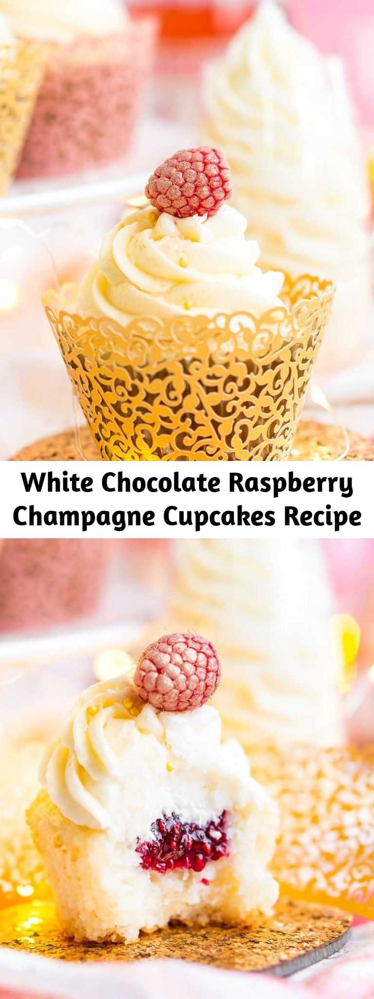 White Chocolate Raspberry Champagne Cupcakes Recipe - These White Chocolate Raspberry Champagne Cupcakes are perfect for New Year’s Eve, Bridal and Baby Showers, and Valentine’s Day! Light and fluffy white chocolate cake filled with raspberry filling and topped with a luscious champagne buttercream!