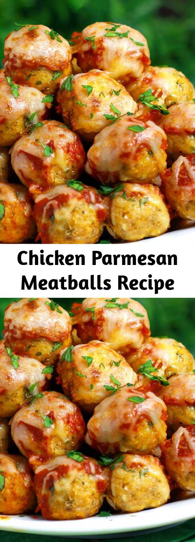 Chicken Parmesan Meatballs Recipe - Chicken Parmesan Meatballs are your favorite chicken Parmesan transformed into these tender and flavorful, saucy baked chicken meatballs.Topped with the perfect blend of ooey gooey cheese. You're going to love 'em! #ChickenParmesan #Meatballs