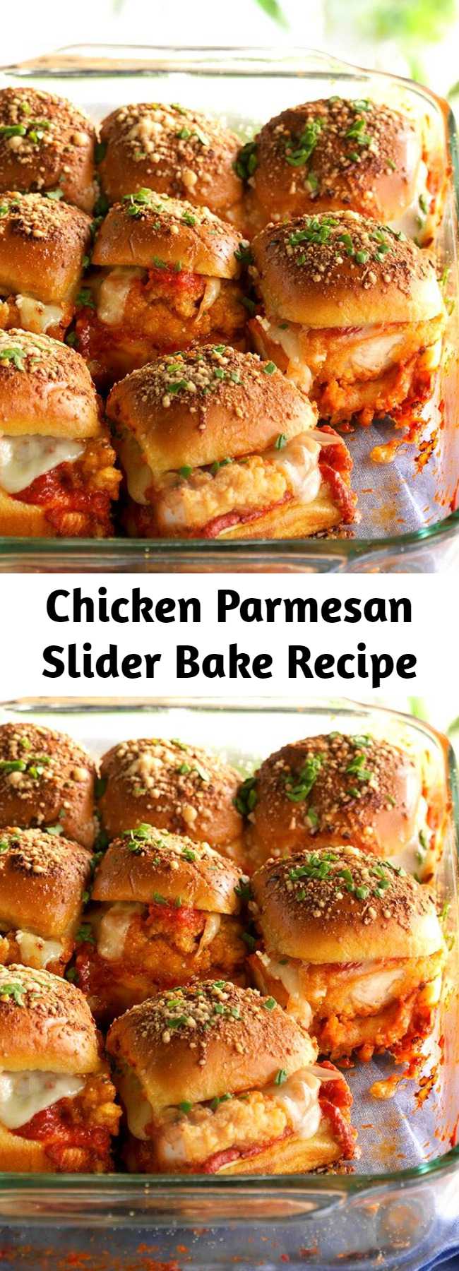Chicken Parmesan Slider Bake Recipe - Sliders are the perfect finger food for any get-together, and this flavorful chicken Parmesan version won’t disappoint.