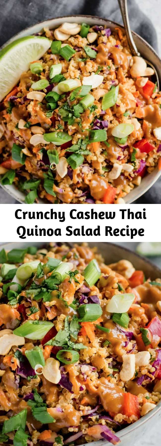 Crunchy Cashew Thai Quinoa Salad Recipe - Delicious vegan and easily gluten-free salad with Thai flavors and a perfect crunch. It's even better the next day! #veganrecipe #veganfood #thaifood #vegetarian #plantbased #healthylunch #lunchideas #mealprep #mealprepping #glutenfree #glutenfreerecipes