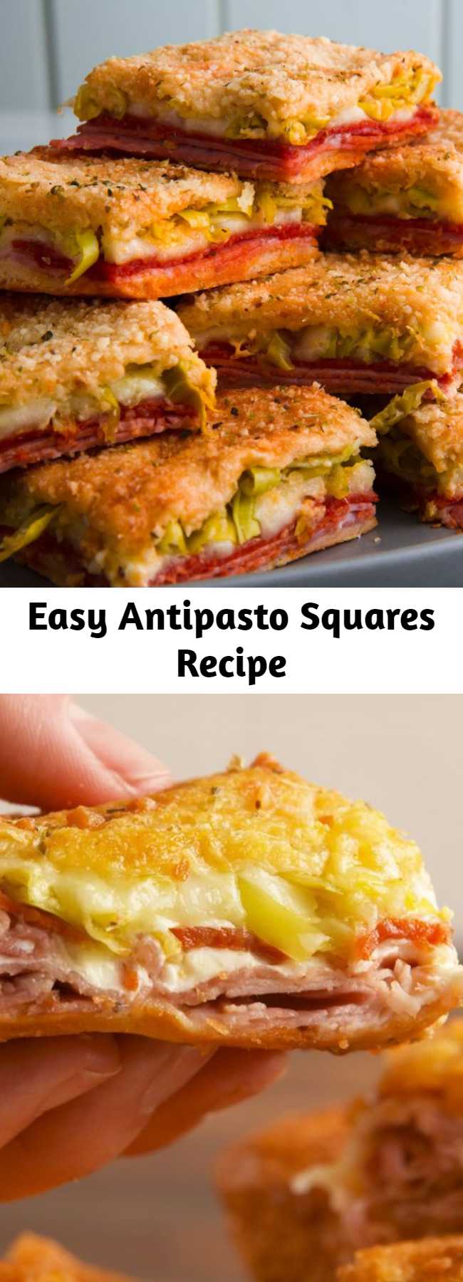 Easy Antipasto Squares Recipe - Turns out an antipasto salad like this gets even better when you layer it between crescent sheets and we aren't mad about that at all. #easy #recipe #antipasto #pizza #squares #bites #superbowlrecipe #superbowl #gameday #appetizer #snack #cheese #crescentroll #easyrecipes #mozzarella #provolone #pepperoni #ham #peppers