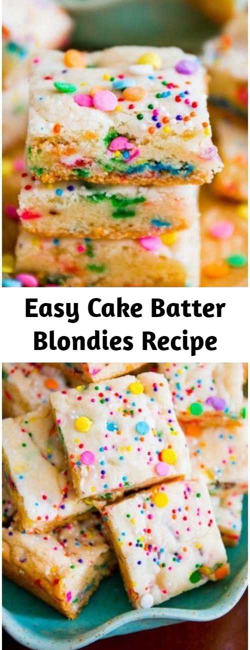 Easy Cake Batter Blondies Recipe - If you like the taste of cake batter, you will love these blondies! No mixer, 1 bowl, 30 minutes.
