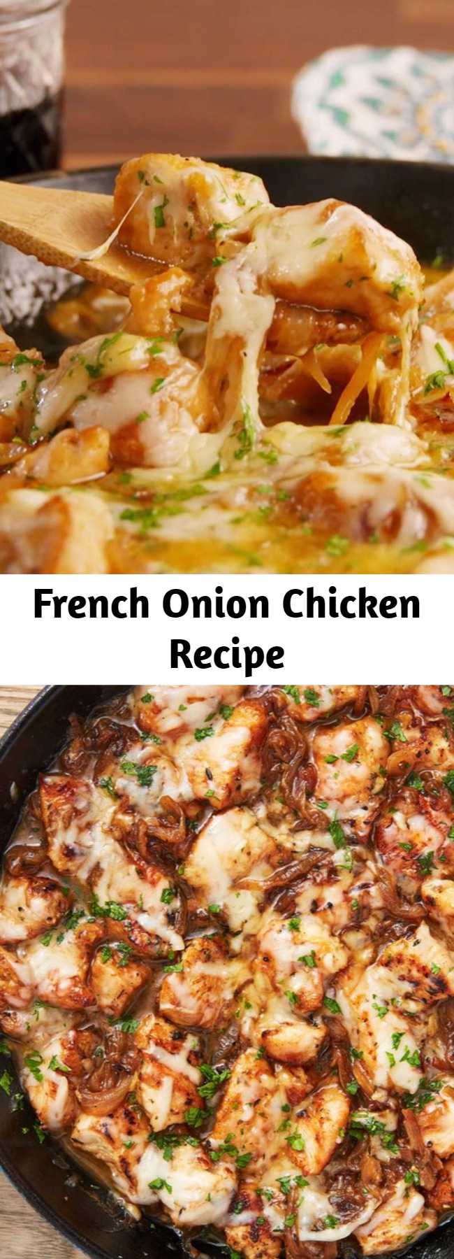 French Onion Chicken Recipe - We love that this recipe comes together in one skillet and in less than an hour, meaning it's WAY faster than French Onion Soup. Dunking good bread into the extra pan sauce is highly encouraged. #easy #recipe #french #onion #chicken #frenchonion #soup #meals #dinner #cozy #comfortfood