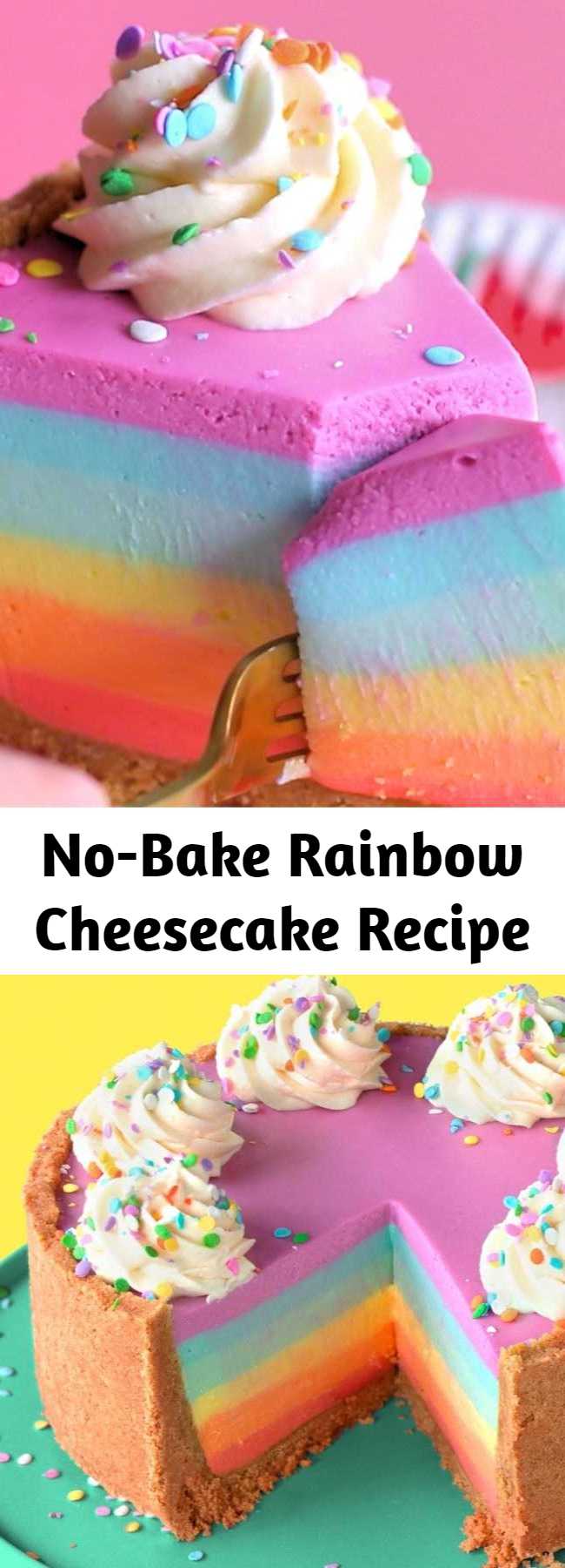 No-Bake Rainbow Cheesecake Recipe - A no-bake white chocolate rainbow cheesecake that's super simple to make!