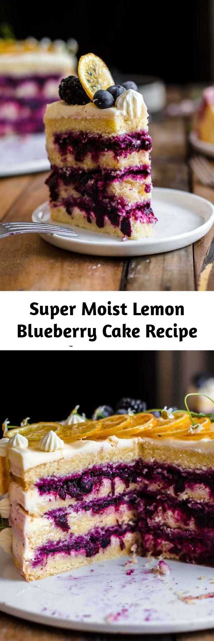Super Moist Lemon Blueberry Cake Recipe - This Lemon Blueberry Cake is tangy, sweet, super moist, and creamy. It's a delicious and beautiful cake. It comes with soft lemon cake layers, a sweet blueberry filling, and an ultra creamy lemon cream cheese frosting. #lemon #blueberry #cake #creamcheesefrosting #baking #sweets #dessert