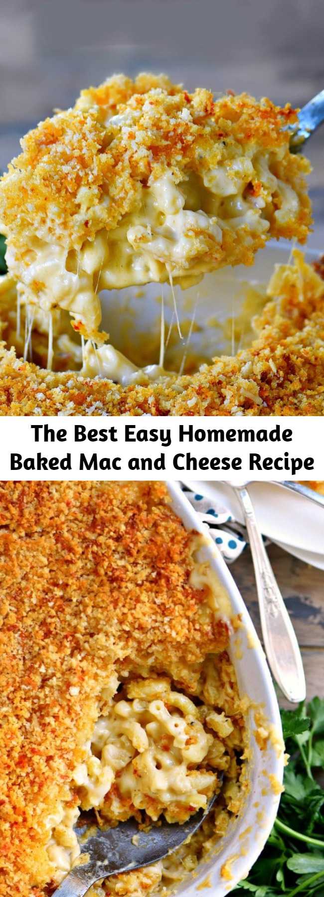 The Best Easy Homemade Baked Mac and Cheese Recipe - The BEST Homemade Mac and Cheese of your LIFE. Outrageously cheesy, ultra creamy, and topped with a crunchy Panko-Parmesan topping, this mac and cheese recipe is most definitely a keeper. I used three different cheese and a homemade cheese sauce to take this macaroni and cheese recipe over the top. #recipe #recipes #dinner #cheesy #macandcheese #macaroni #entree #kidfriendly