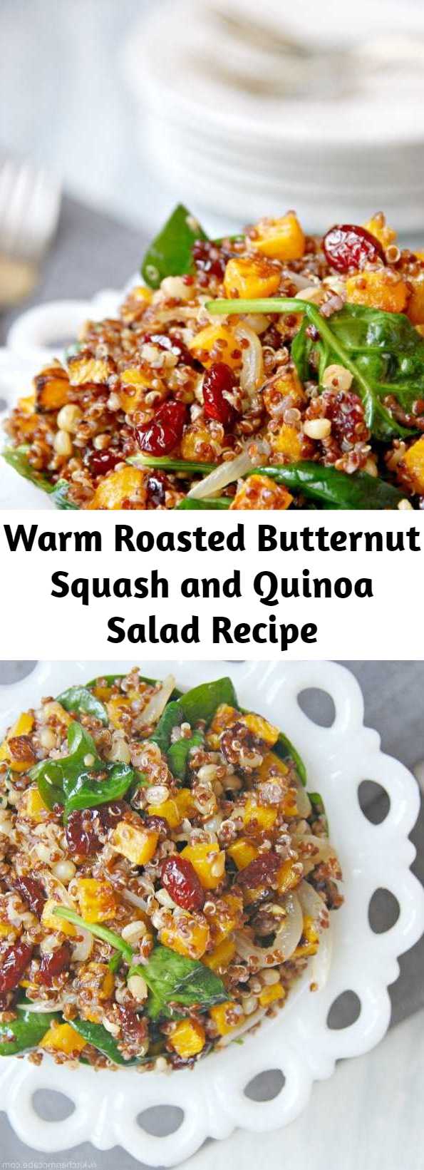 Warm Roasted Butternut Squash and Quinoa Salad Recipe - This lovely Vegan quinoa salad is so full of beautiful color. It’s full of  earthy grains, a subtly tangy dressing, and sweet squash and cranberries. So perfect for the cold, drab winter. Brightly colored foods just make me so happy!