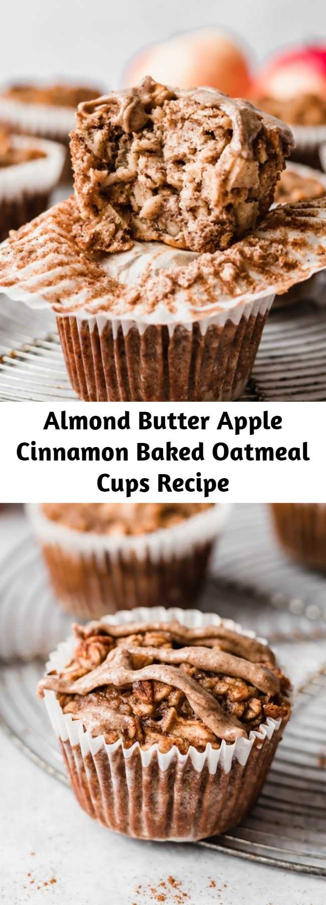 Almond Butter Apple Cinnamon Baked Oatmeal Cups Recipe - Easy apple cinnamon baked oatmeal cups made with applesauce, fresh apples, oats, maple syrup and almond butter for a boost of protein + flavor. Freezer-friendly, great for kids or meal prep! #mealprep #freezerfriendly #oatmeal #oatmealcups #almondbutter #applerecipe #apples #kidfriendly #glutenfree