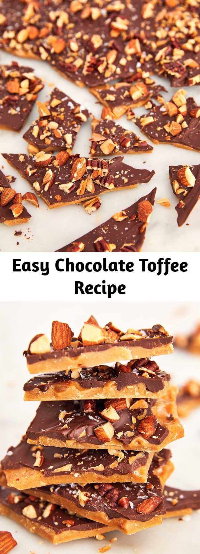 Easy Chocolate Toffee Recipe - Need a gift for friends, coworkers, and the babysitter? Chocolate toffee to the rescue. This recipe is really simple, but toffee in general can be a littttlllleee fussy. Our biggest piece of advice: WHISK CONSTANTLY! The moment you walk away from the saucepan, the butter and sugar will separate. #easy #recipe #fromscratch #toffee #chocolate #christmas #holidays #gift #homemade #nuts #almonds #pecans #bark #bars
