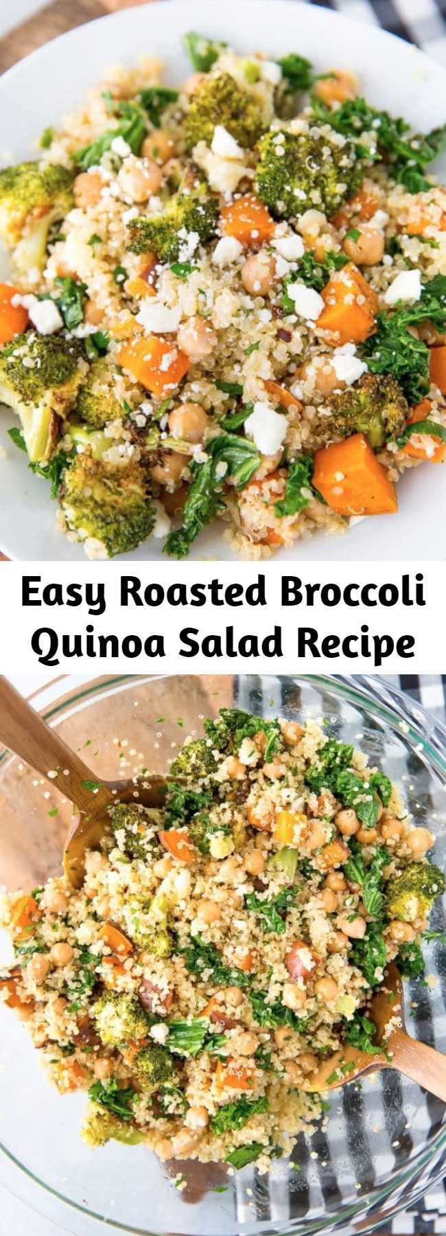 Easy Roasted Broccoli Quinoa Salad Recipe - A delicious roasted #broccoli #quinoa salad with roasted sweet potatoes, #kale and a flavorful lemon dressing. Great as a gluten-free #vegetarian main! #glutenfree
