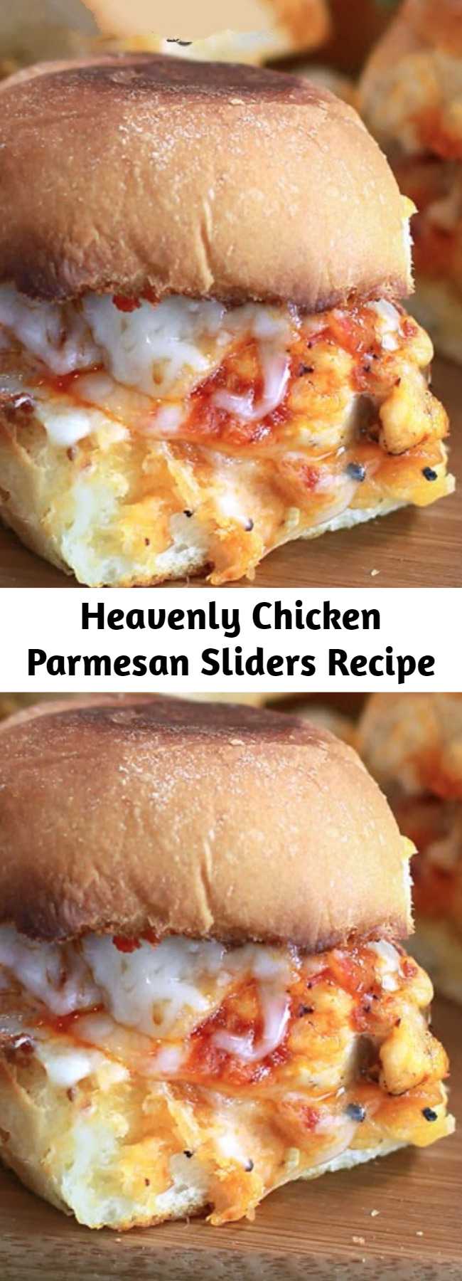 Heavenly Chicken Parmesan Sliders Recipe - Chicken Parmesan Sliders are sweet dinner rolls toasted with garlic butter and topped with Parmesan cheese. Slices of pan-fried chicken, marinara sauce and piles of mozzarella cheese top this picture perfect slider. It is a simple recipe that is absolutely heavenly and party-ready! #sliders #chickenparmesan