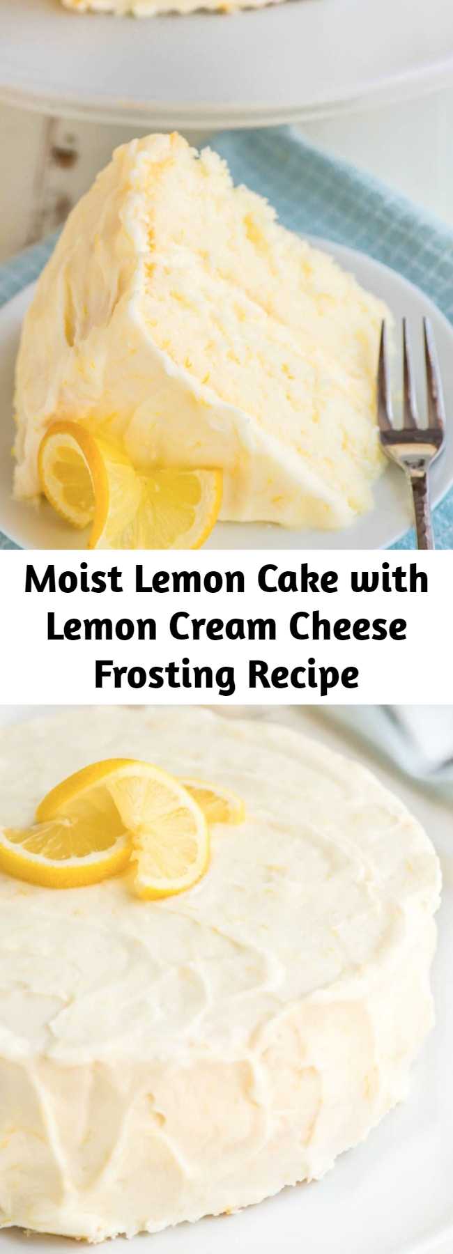 Moist Lemon Cake with Lemon Cream Cheese Frosting Recipe - Supremely moist and fluffy lemon layer cake with homemade lemon cream cheese frosting. Every bite bursts with fresh lemon flavor! The perfect cake for any occasion. #cake #birthdaycake #recipe #baking
