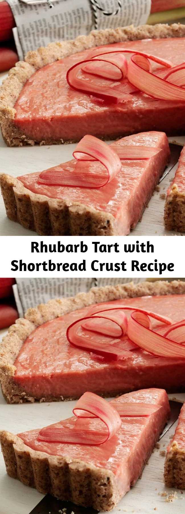 Rhubarb Tart with Shortbread Crust Recipe - Here's a perfect ending to a grilled summer meal! Between the creamy texture, the pretty color and the buttery crust, this recipe is simply delightful.
