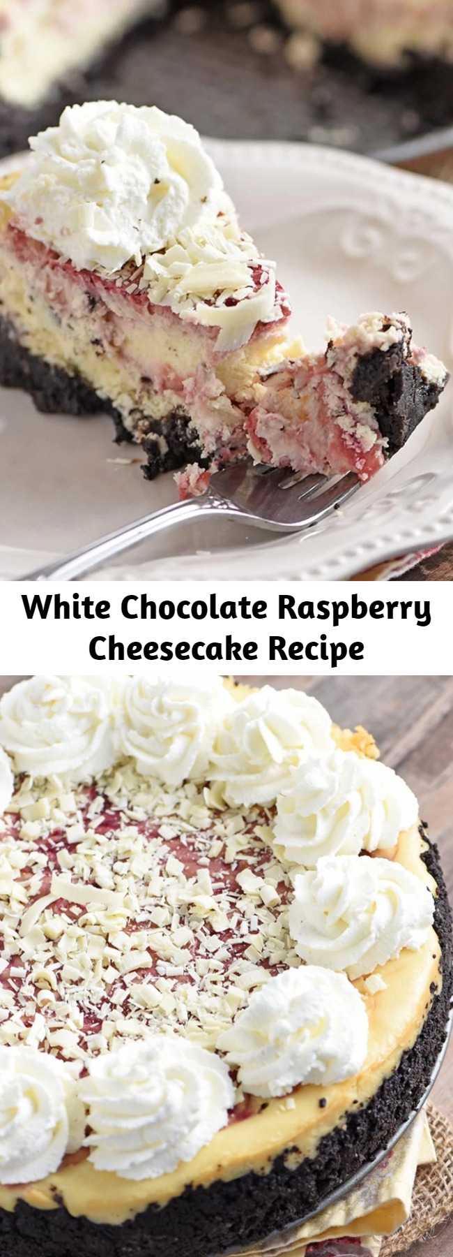 White Chocolate Raspberry Cheesecake Recipe - Make Olive Garden’s white chocolate raspberry cheesecake at home. Who doesn’t love a decadent homemade dessert with a raspberry swirl and Oreo cookie crust? #cheesecake #OliveGarden #copycatrecipes #dessertrecipes