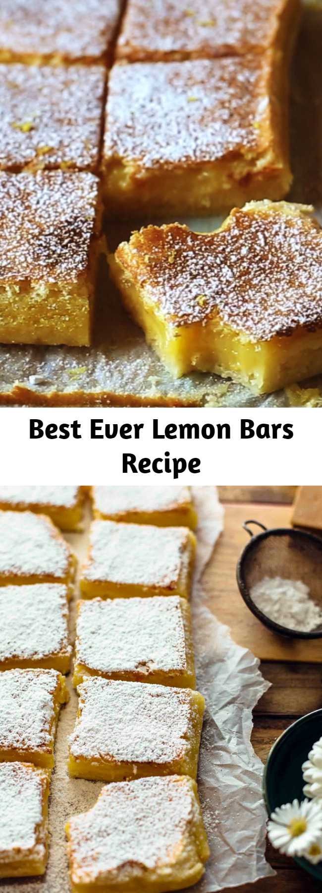 These Lemon Bars are sour and sweet and very easy to make. Buttery shortbread crust meets tangy lemon curd filling. You won’t be able to stop eating these. Just 7 ingredients! #lemonbars #lemon #sweets #desserts