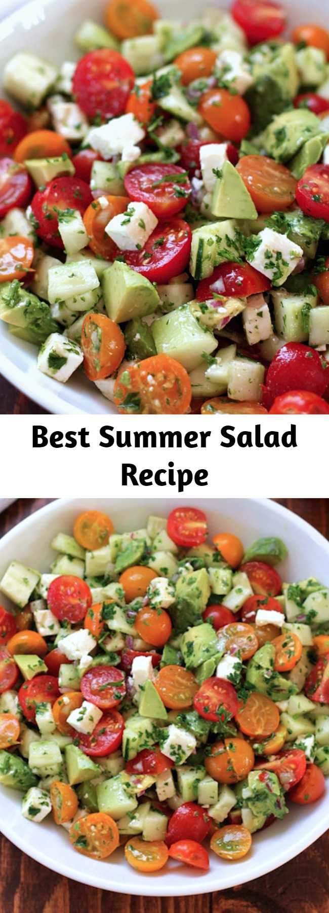 Best Summer Salad Recipe - This tomato, cucumber, avocado salad is an easy, healthy, flavorful summer salad.  It’s crunchy, fresh and simple to make.  It’s a family favorite and ready in less than 15 minutes.