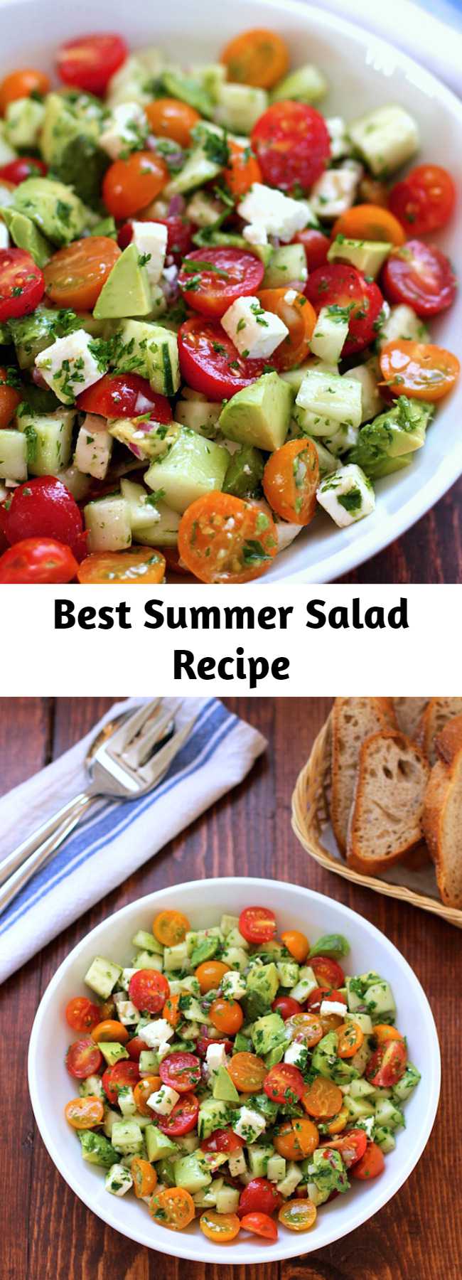 This tomato, cucumber, avocado salad is an easy, healthy, flavorful summer salad.  It’s crunchy, fresh and simple to make.  It’s a family favorite and ready in less than 15 minutes.