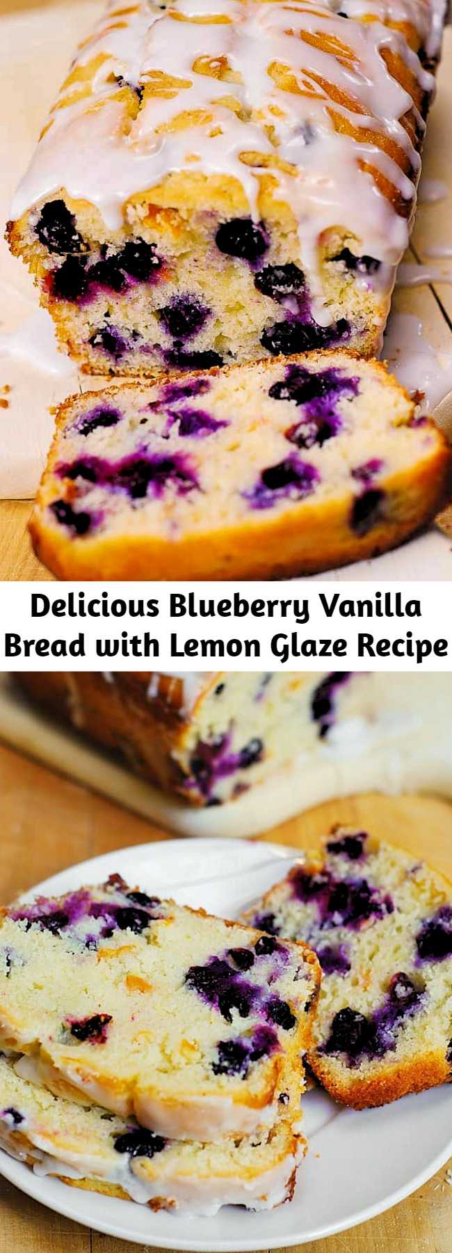This delicious blueberry lemon bread with lemon glaze is a perfect breakfast, brunch, snack.  Simple recipe, beautiful cake, what more can you ask for?!   Lemon zest, freshly squeezed lemon juice, blueberries, vanilla - so many Summer flavors!