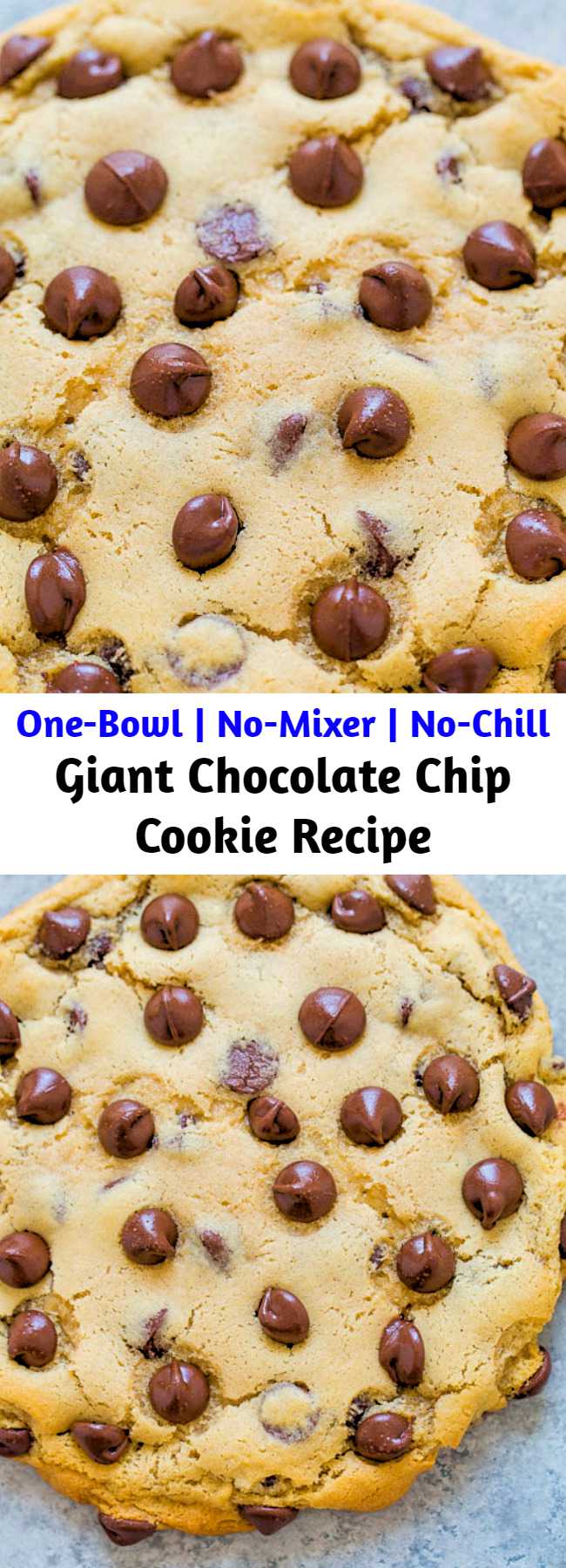 An incredibly FAST and EASY recipe that produces one GIANT soft and chewy cookie that’s loaded with chocolate!! One bowl to wash, no mixer, and no waiting!!