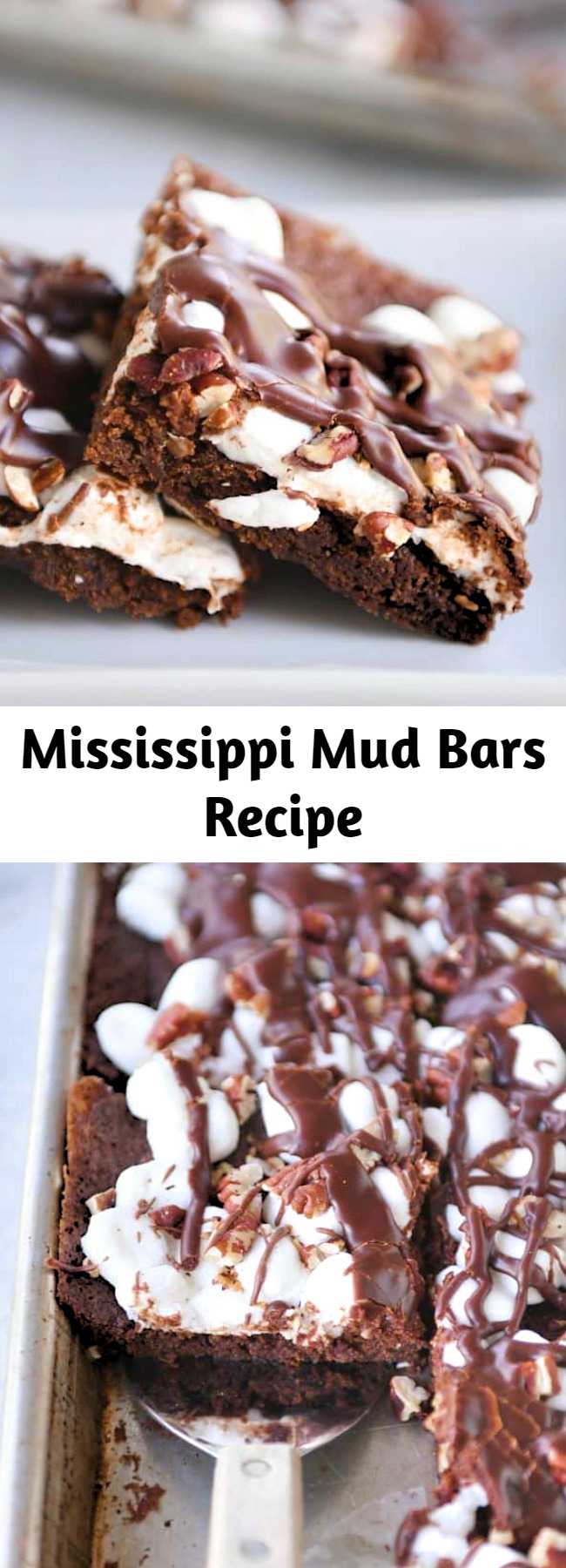 Mississippi Mud Bars Recipe - The brownie + marshmallows + toasted pecans + fudge sauce combo has never been tastier (or easier!). These Mississippi Mud Bars are insanely delicious and so simple to make!