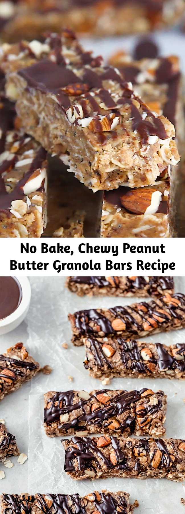No Bake, Chewy Peanut Butter Granola Bars Recipe - No bake peanut butter granola bars packed with wholesome ingredients like chia seeds, flax, almonds, and dark chocolate. These chewy granola bars will be your new favorite grab-and-go snack! #granolabars #nobake #snackrecipe #snackideas #healthysnack #peanutbutter