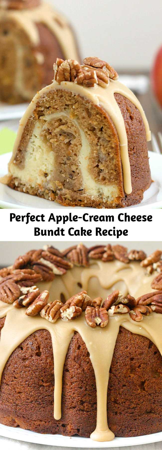 Perfect Apple-Cream Cheese Bundt Cake Recipe - This bundt was the perfect dessert to kick off apple season; I could not get enough! In addition to diced apples interspersed throughout the cake, there's also applesauce in the batter for double the apple goodness. The thick pocket of cream cheese in the center is to die for, but my favorite was the sweet praline frosting on top of the cake. Dig in for dessert, or enjoy a slice for breakfast - you can't go wrong either way.