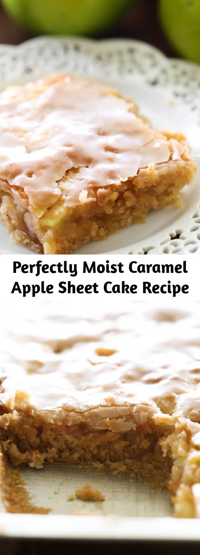 Perfectly Moist Caramel Apple Sheet Cake Recipe - This delicious apple cake is perfectly moist and has caramel frosting infused in each and every bite! It is heavenly!
