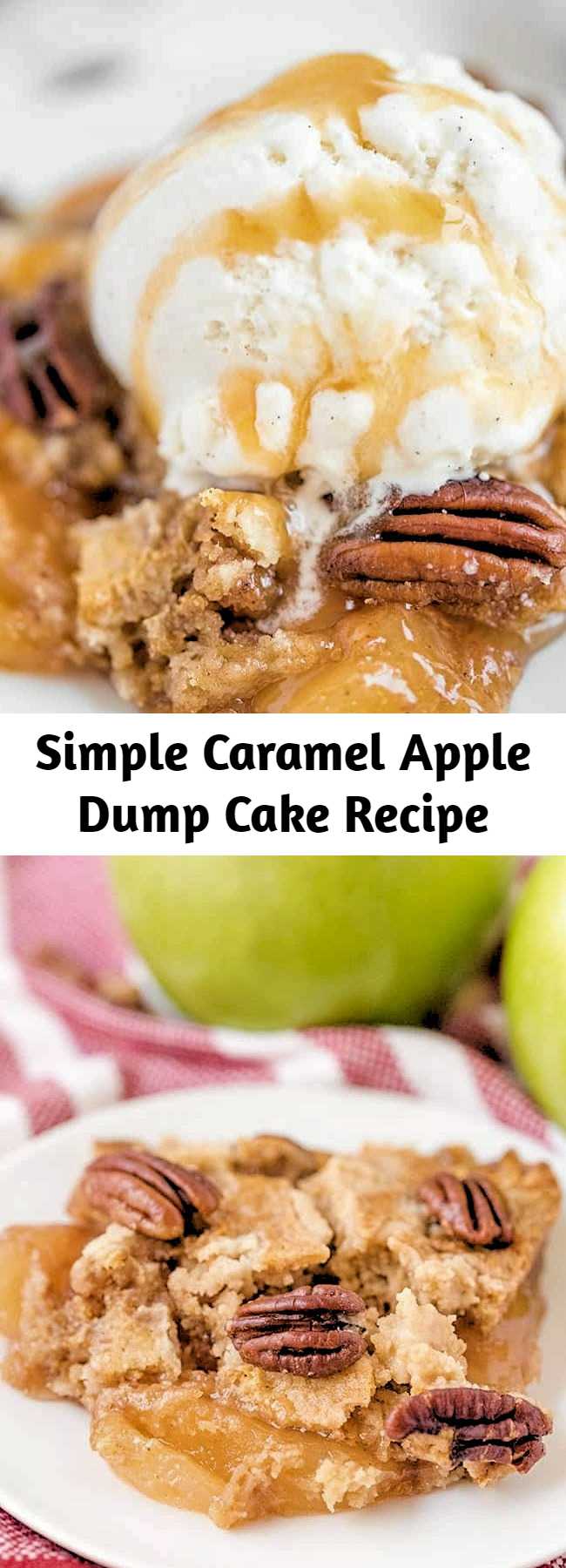 Simple Caramel Apple Dump Cake Recipe - A simple recipe for Caramel Apple Dump cake made with butter pecan cake mix and apple pie filling! A tender and moist spiced cake with tender apples throughout topped with nuts and a caramel drizzle that is the perfect amount of sweetness. Add a scoop of ice cream or dollop of whipped cream and you have a straightforward dessert is crowd worthy. #dumpcake #caramel #apples