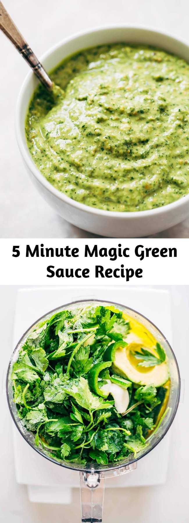 5 Minute Magic Green Sauce – SO AWESOME. Made with easy ingredients like avocado, olive oil, cilantro, lime, garlic, and parsley! Vegan. #avocado #sauce #vegetarian #vegan #dressing #dip