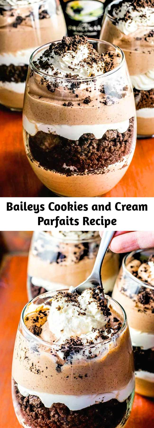 Layered chocolate and Baileys cream paired with crumbled Oreo cookies. This delicious Baileys parfait is the perfect weekend retreat!