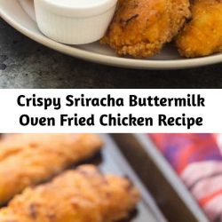 Crispy Sriracha Buttermilk Oven Fried Chicken Recipe This Crispy Sriracha Buttermilk Oven Fried Chicken is so moist and juicy with just the right amount of spice! It’s baked and not fried so it’s healthier, but you still get that great crunchy coating. #chicken #friedchicken #dinner #appetizer #gameday #snack