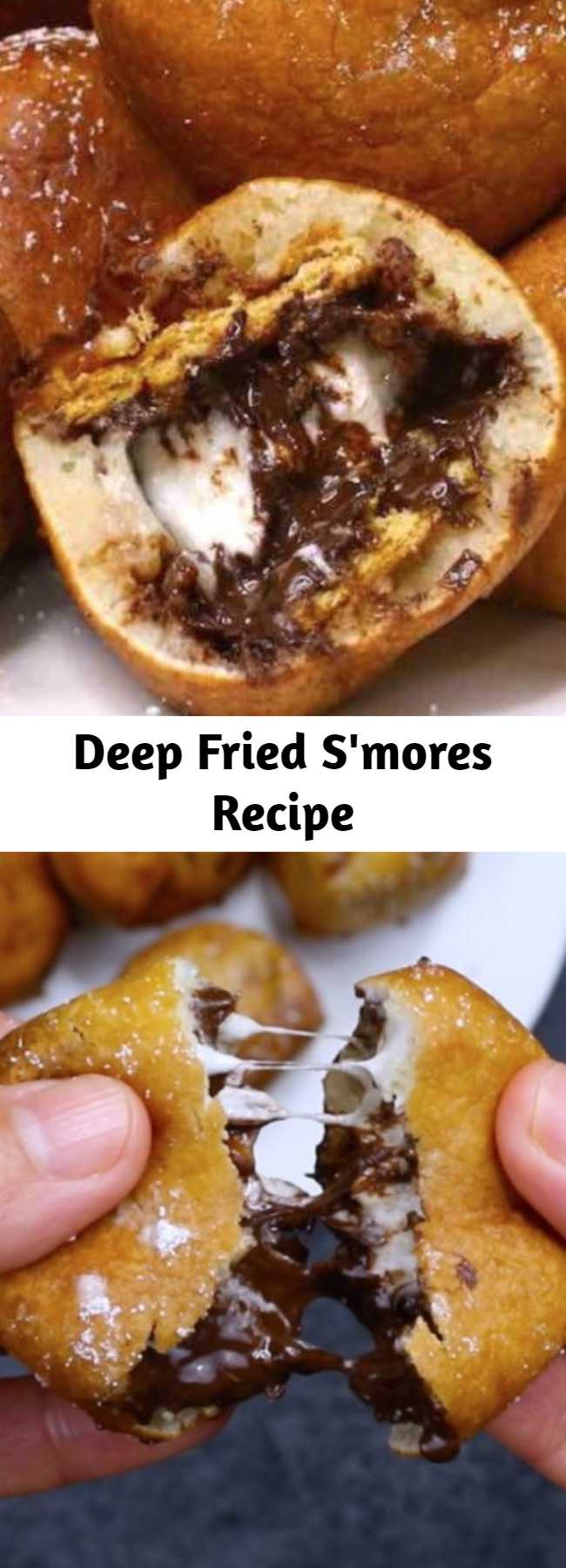 Deep Fried S'mores Recipe - These Deep Fried S’mores are golden on the outside and fluffy inside with delicious graham cracker, chocolate and marshmallow flavors. They melt in your mouth with irresistible s’mores flavors! A great dessert for a party!