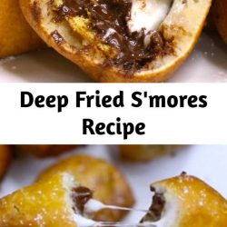 Deep Fried S'mores Recipe Seriously one of the most delicious dessert! Smores dipped in homemade batter, and fried to a fluffy, golden crispy ball with warm and melty chocolate chips and marshmallow inside. Quick and easy recipe. Perfect for party desserts. No bake, vegetarian.
