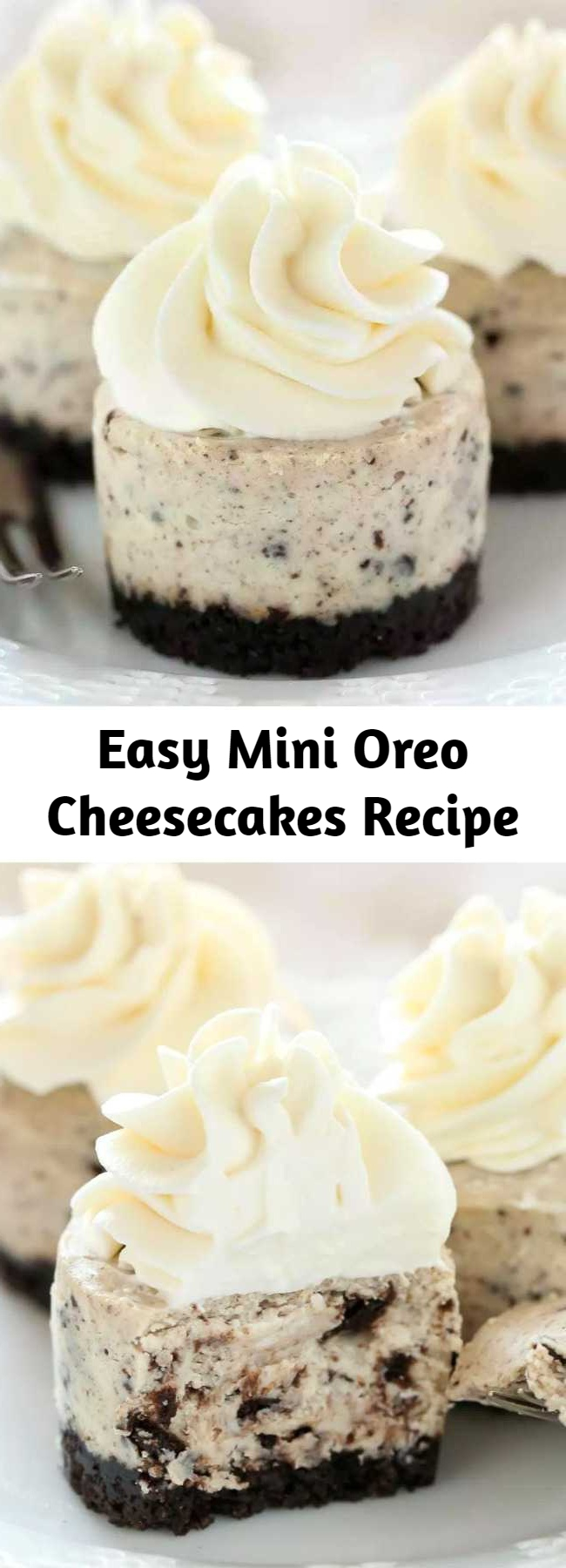 Easy Mini Oreo Cheesecakes Recipe - An easy two ingredient Oreo crust topped with a smooth and creamy Oreo cheesecake filling. These Mini Oreo Cheesecakes make a perfect dessert for any time of year!