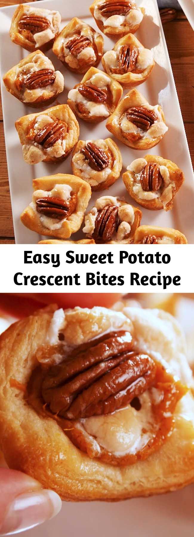 Easy Sweet Potato Crescent Bites Recipe - A guarantee: You will NOT be able to stop eating these little guys. They're the perfect amount of sweet and savory, so you can serve them before or after the big meal! Sweet Potato Crescent Bites from Delish.com are a great appetizer for this Thanksgiving. #easy #recipe #thanksgiving #holiday #app #appetizer #fingerfoods #Pecan #crescentrolls #sweetpotato #potato #marshmallows #minimarshmallows #quick