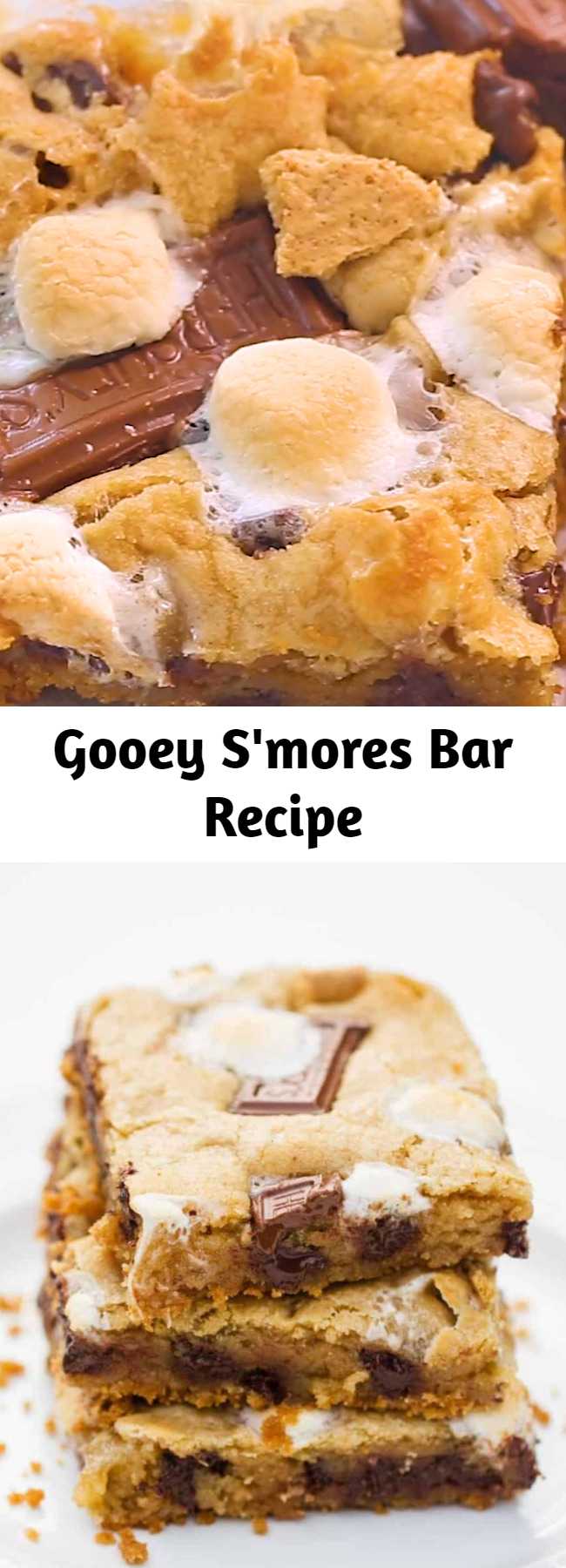 Gooey s'mores bars filled with a graham cracker crust and loaded with chocolate chips, marshmallows and chocolate candy bar pieces. The ultimate cookie bar recipe that is out of this world! #cookiebars #smores #smoresbar #desserts #dessertrecipes #dessertideas #easydesserts #sweets #easyrecipe #recipes #food #foodrecipes