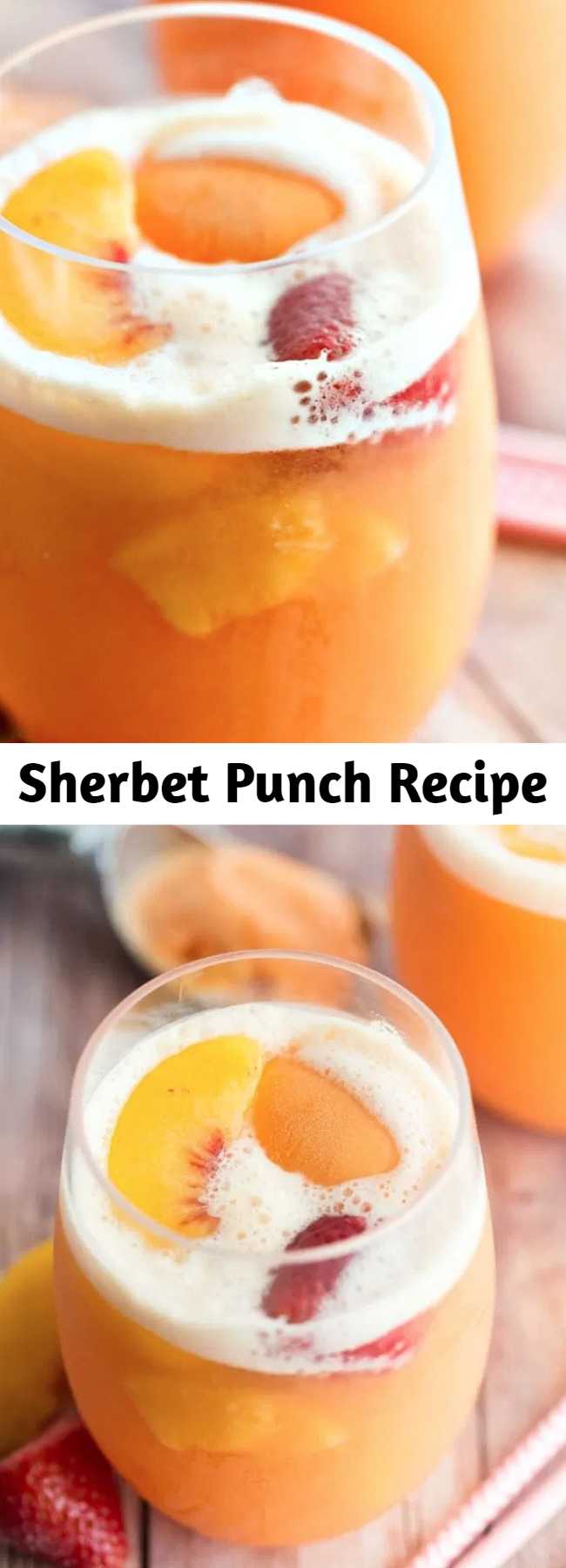 Sherbet Punch Recipe - Sherbet punch made with ginger ale, white grape juice, peaches, and strawberries is the best punch recipe ever! Perfect party punch for your next baby shower, wedding shower, summer party, or random Tuesday afternoon!