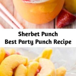 Sherbet Punch Recipe Sherbet punch made with ginger ale, white grape juice, peaches, and strawberries is the best punch recipe ever! Perfect party punch for your next baby shower, wedding shower, summer party, or random Tuesday afternoon!