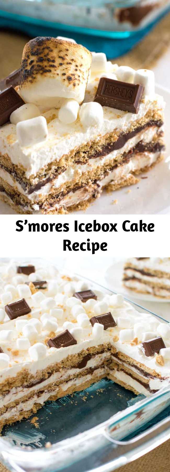 Bring the s’mores indoors with this S’mores Icebox Cake to feed a crowd. With layers of graham crackers, marshmallow whipped cream, and chocolate ganache I guarantee everyone will be clamoring for s’more! #smores #hersheys #iceboxcake #cake #summer #dessert #marshmallows
