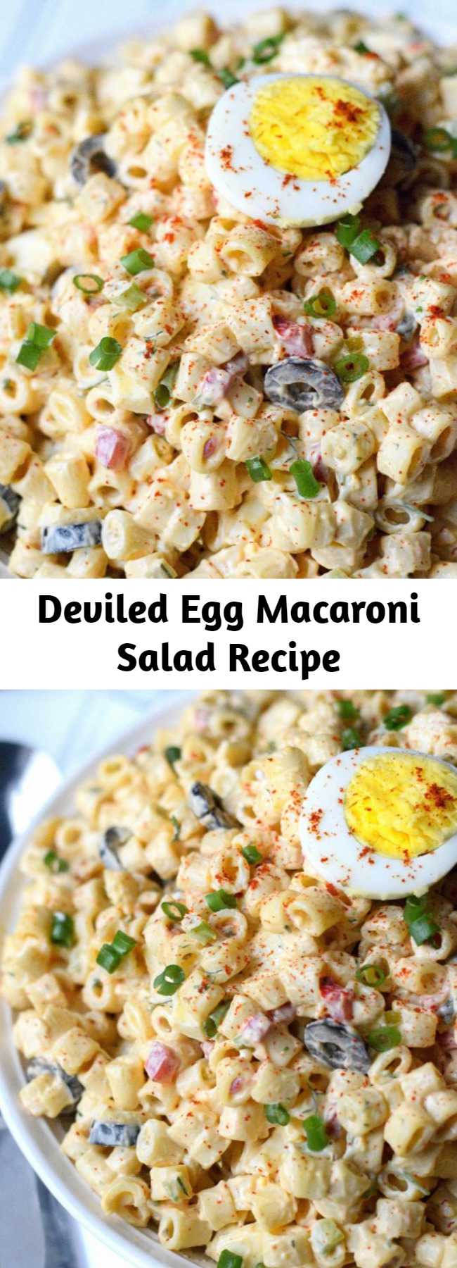 Deviled Egg Macaroni Salad Recipe - This deviled egg macaroni salad is creamy and loaded with hard boiled eggs. Quick and delicious and the perfect addition to any meal. #macaronisalad #pastasalad #summerfood #potluckside