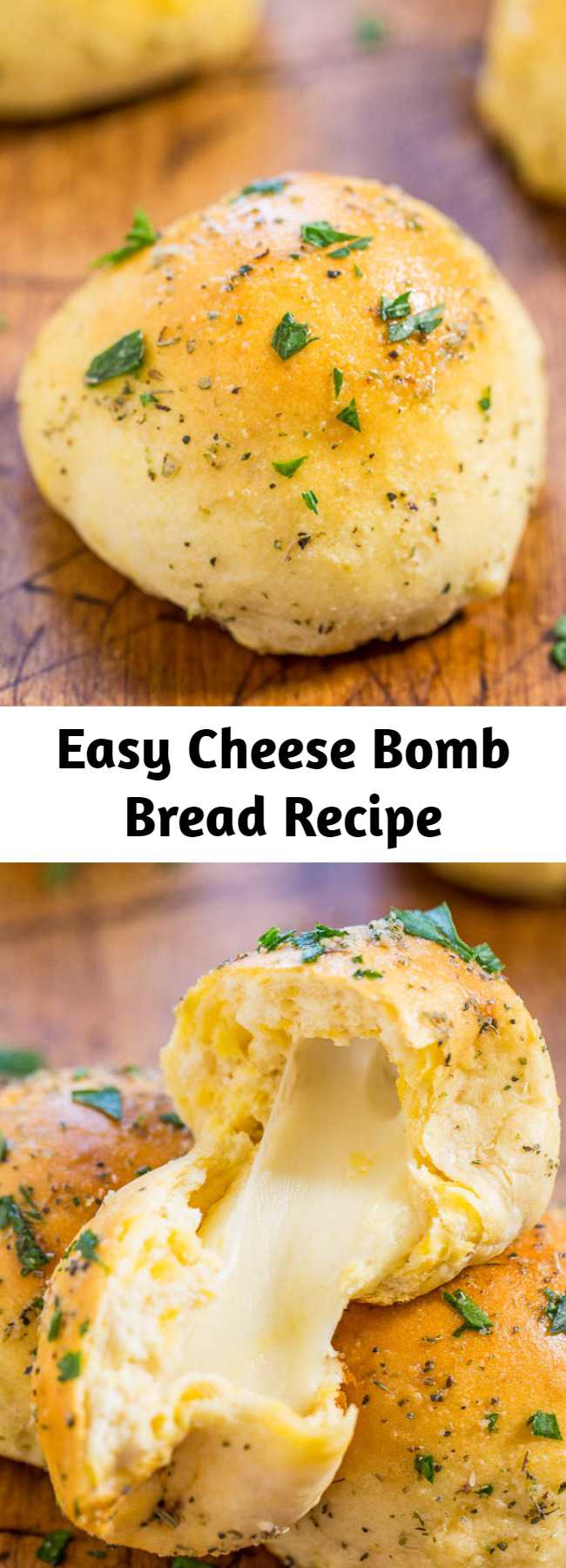 Easy Cheese Bomb Bread Recipe - Soft, buttery bread brushed with garlic butter and stuffed with CHEESE! So good, mindlessly easy, goofproof, and ready in 10 minutes! A hit with everyone!!