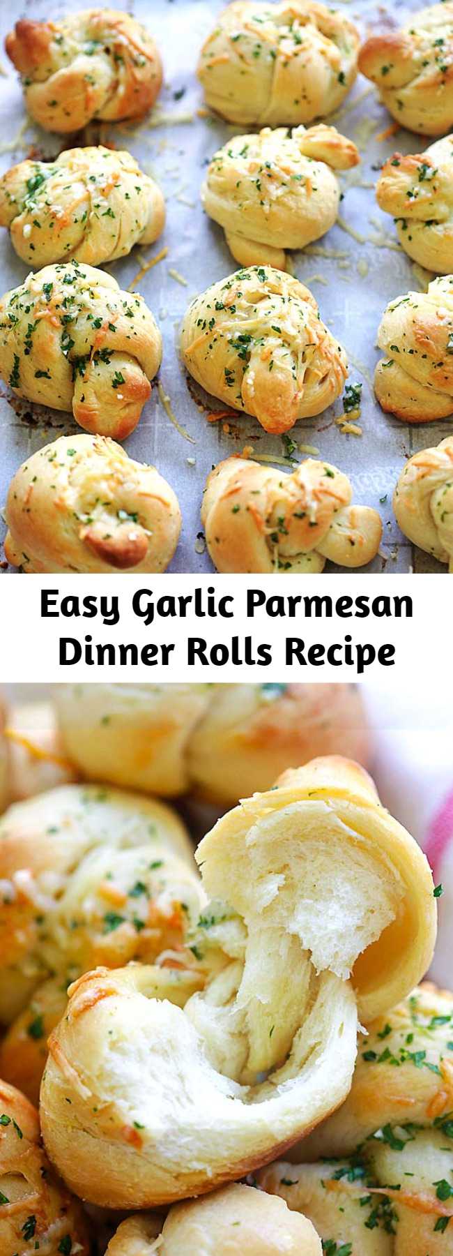 Easy Garlic Parmesan Dinner Rolls Recipe - Homemade garlic Parmesan dinner rolls are the best dinner rolls ever. This recipe is so easy with cotton soft rolls topped with garlic and Parmesan cheese. So good! #baking #dinner