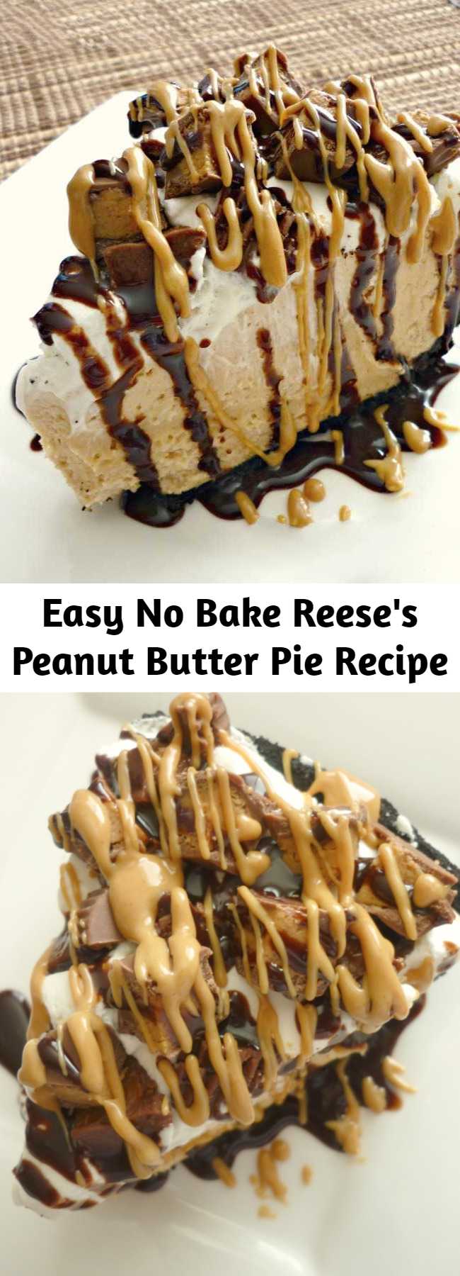 Easy No Bake Reese's Peanut Butter Pie Recipe - This Reese’s Peanut Butter Pie is sure to knock your socks off. With a delicious no-bake peanut butter cheesecake filling and topped with Reese’s Miniatures, you can’t go wrong with this easy dessert.